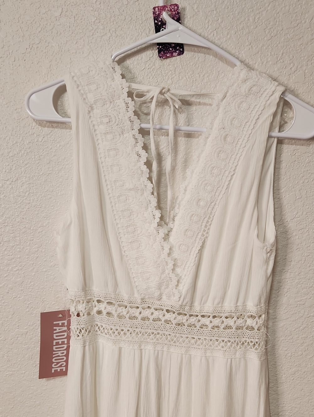 257.Faded Rose Bohemian Lace-Trim White Maxi Dress - Picture 5 of 5